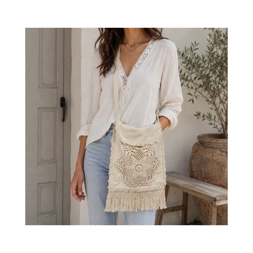Boho Crochet Fringe Canvas Crossbody Bag Cream Mandala Festival Hippie Messenger